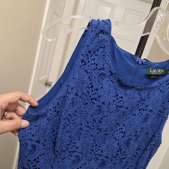 Lauren Ralph Lauren Blue Lace Dress Sleeveless Cotton Blend Sheath Midi Elegant - Picture 3 of 8